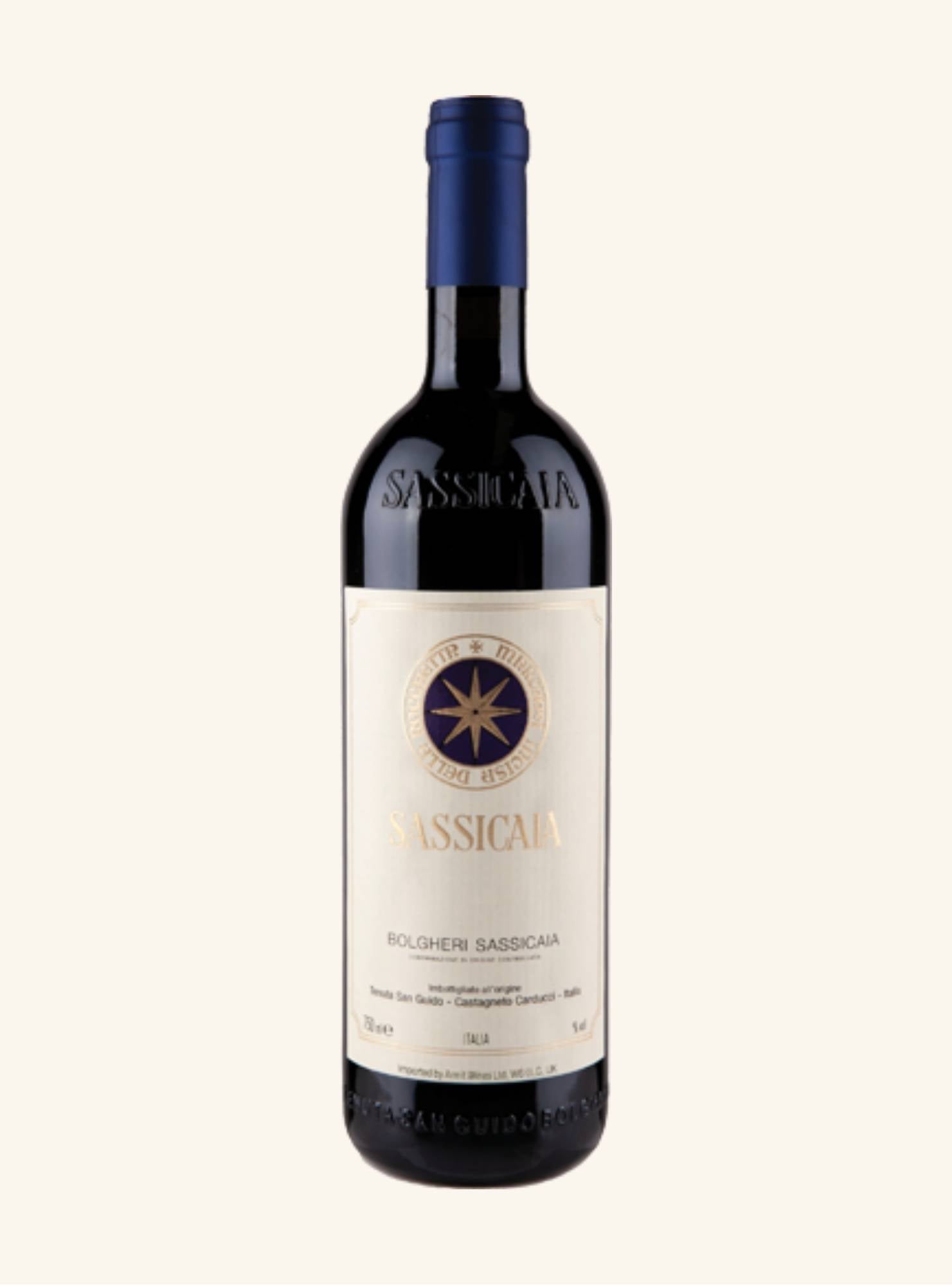 Wine bottle with a label branded sassicaia on a white background