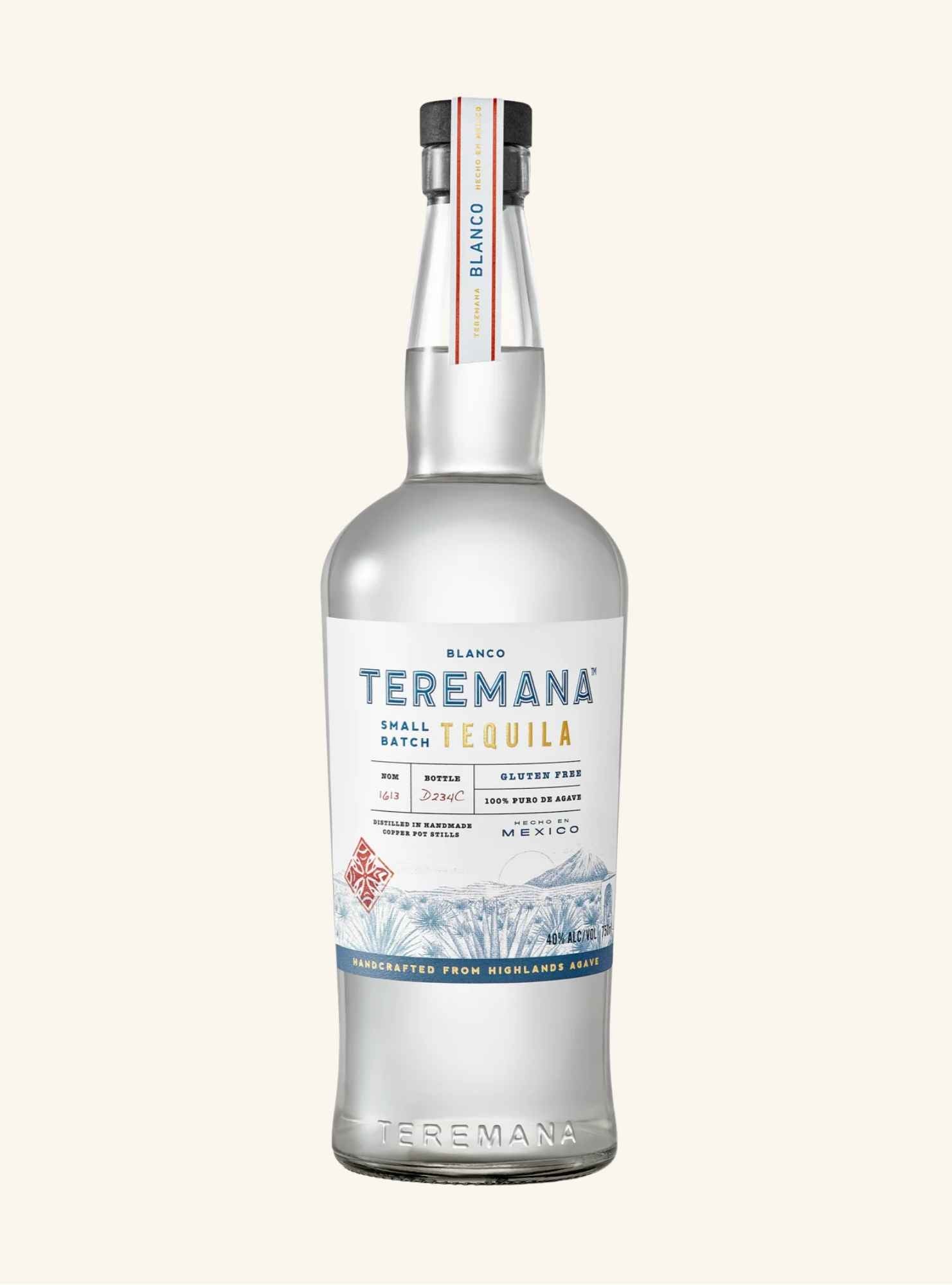 bottle of teremana tequila small batch blanco on a white background.