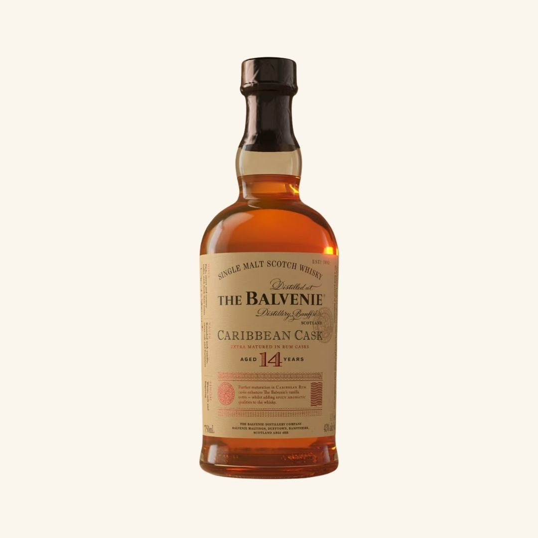 Bottle of The Balvenie Caribbean Cask whisky on a white background