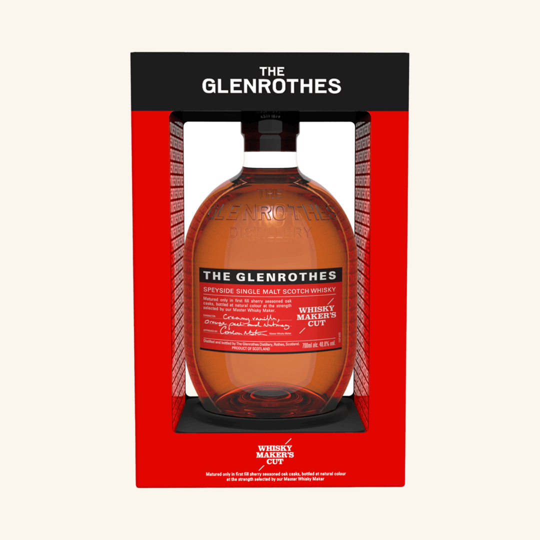 This image features the packaging of "The Glenrothes Maker's Cut Whisky." The product is presented in a distinctive, sleek bottle set against a bold red and black backdrop.