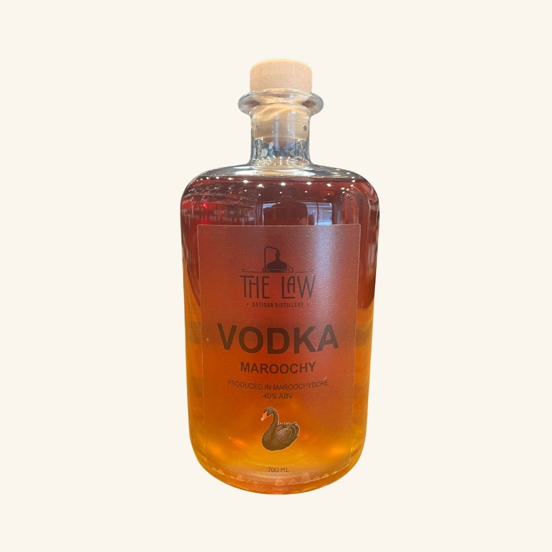 Bottle of The Law Chilli choc Vodka Marochy on a white background