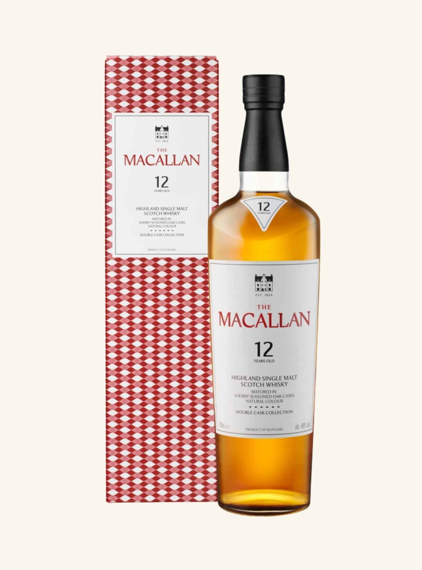Macallan 12-year-old whisky bottle with packaging on a white background