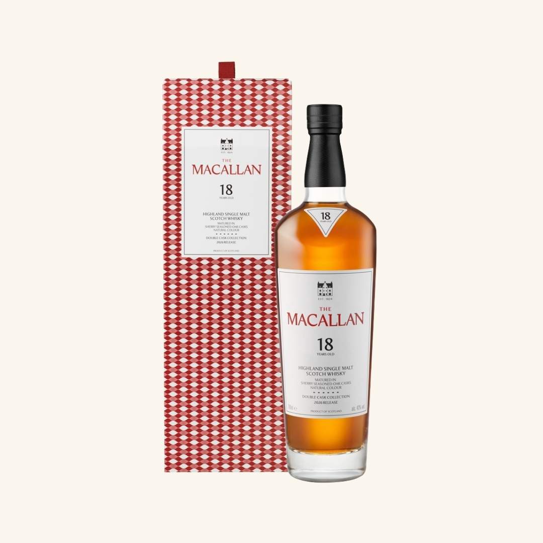Macallan 18-year-old whiskey bottle with red and white patterned box on a light gray background