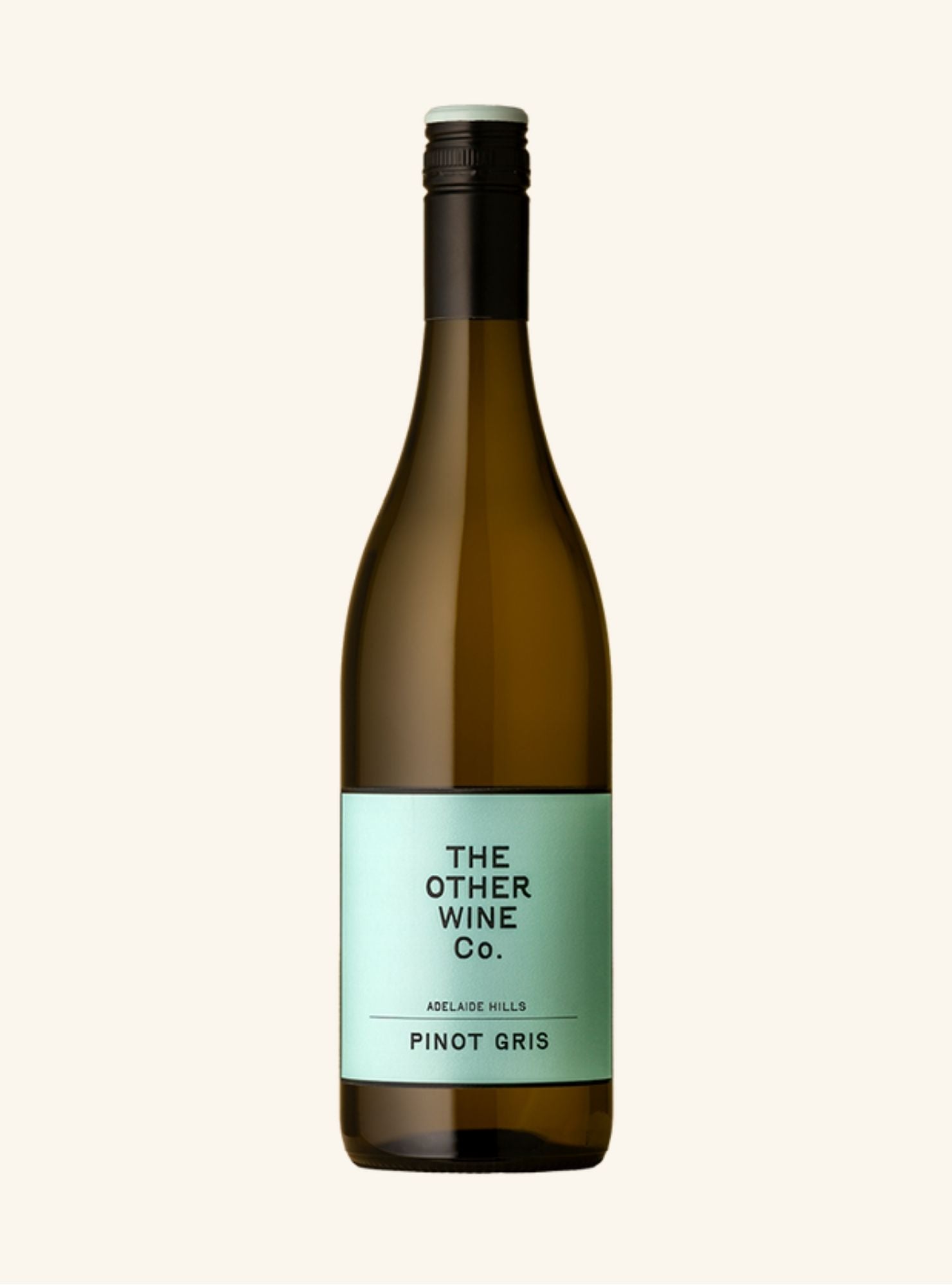 wine bottle with a tiffany blue label with the brand name The Other Wine Co and Pinot Gris written.