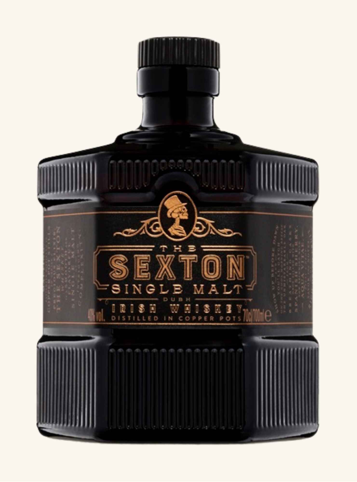 Black bottle of Sexton Single Malt Irish Whiskey on a white background