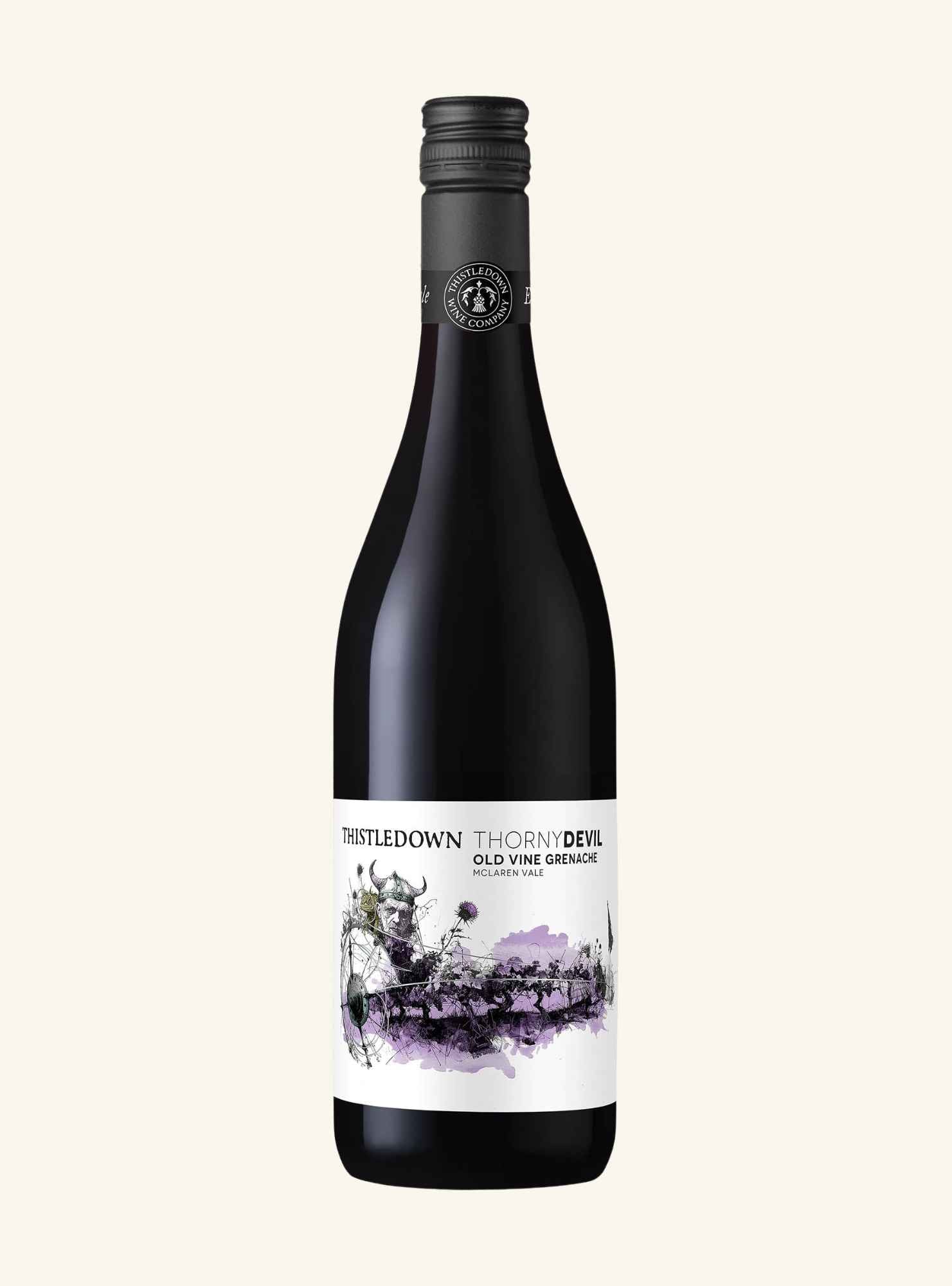 A bottle of ThistleDown Thorny Devil Old Vine grenache with a black glass body, black foil neck, and a white label featuring purple watercolor-style artwork, set against a solid off-white background.