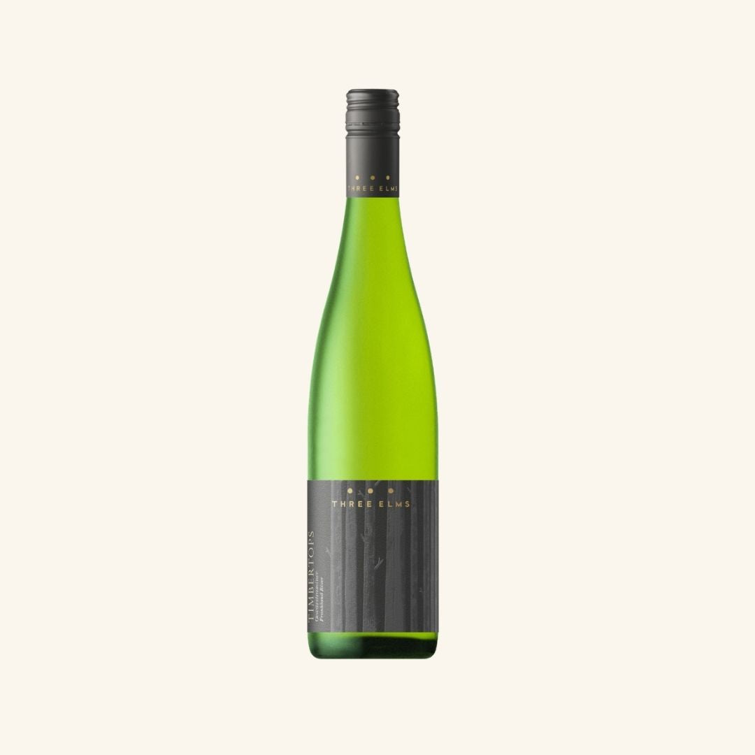 Green wine bottle with black cap on a white background branded three elms timbertops Gewurtztraminer