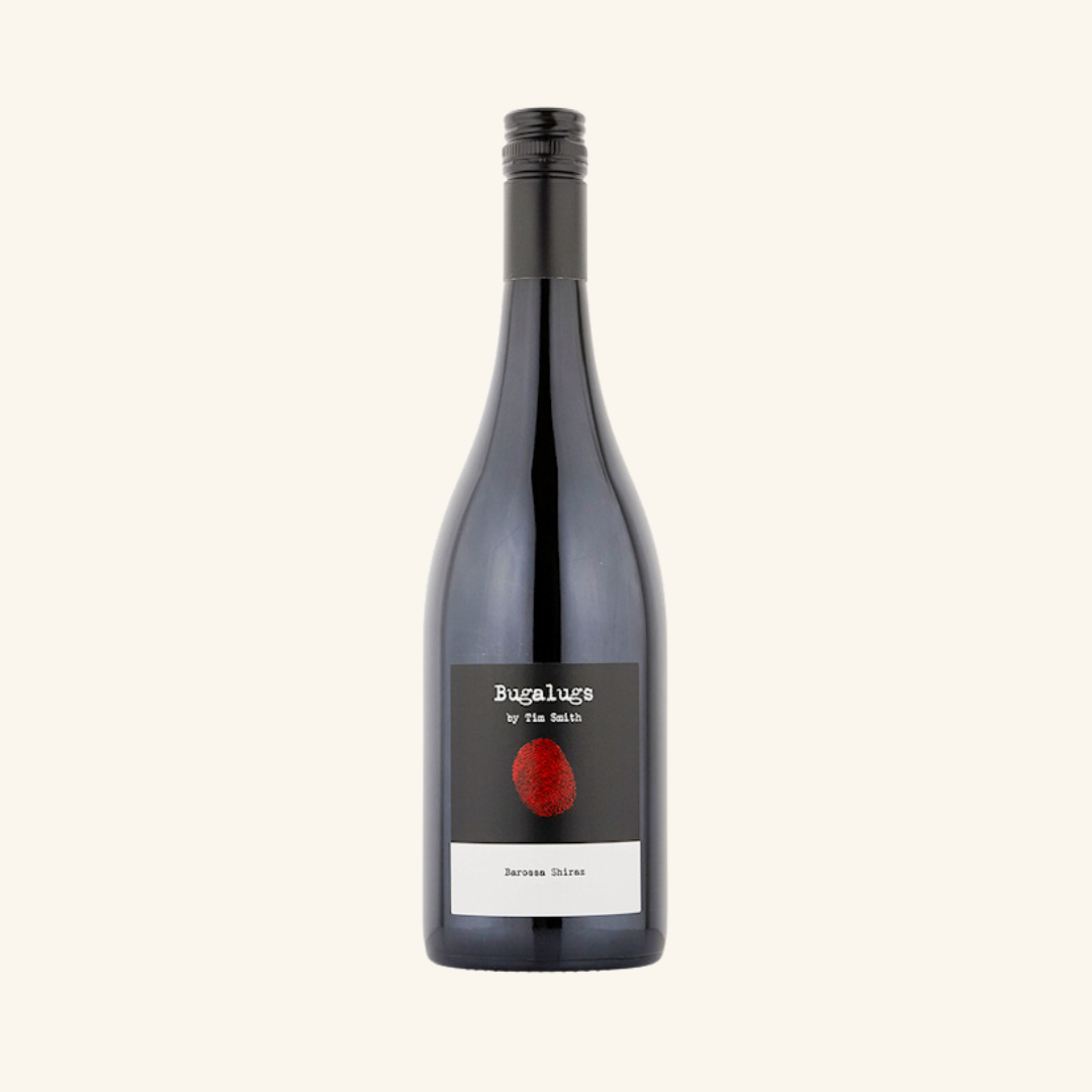 A bottle of Tim Smith Bugalugs Shiraz wine with a dark label and a red 'Bugalugs' logo.