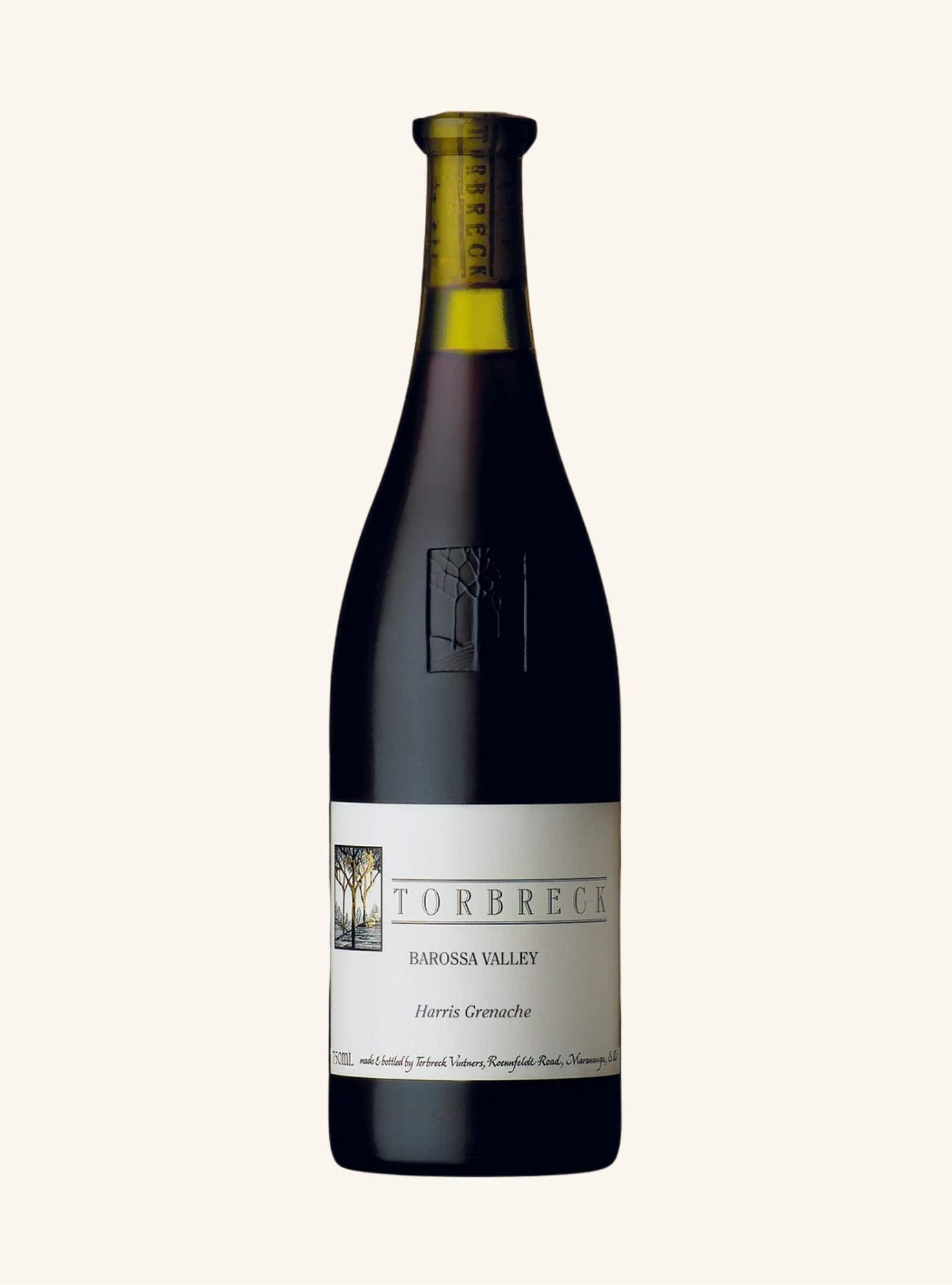 Wine bottle with 'Torbreck barossa valley harris grenache' label on a white background