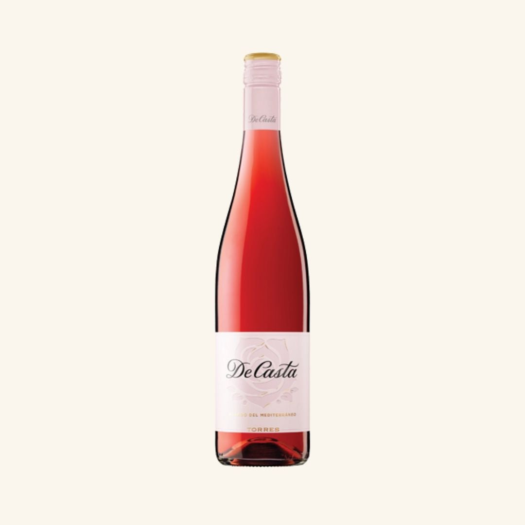 Bottle of De Casta rosé wine on a white background