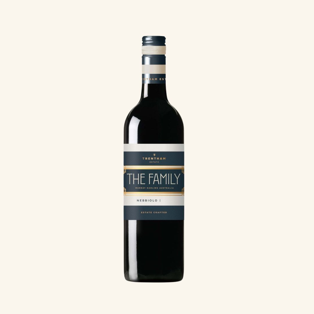 A bottle of Trentham Estate Nebbiolo red wine with a label that includes the text 'THE FAMILY'.