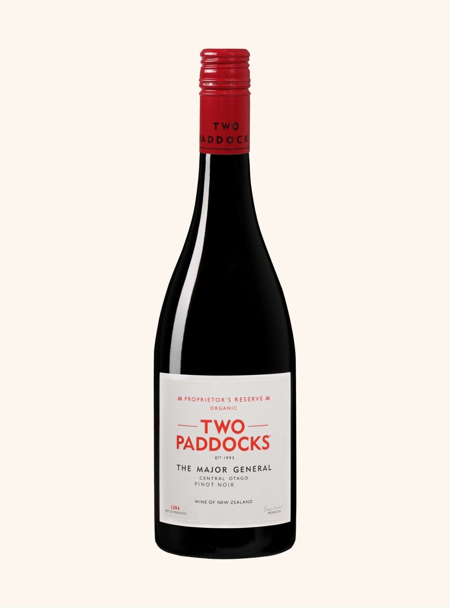 Wine bottle labeled 'Two Paddocks the major general pinot noir' on a white background