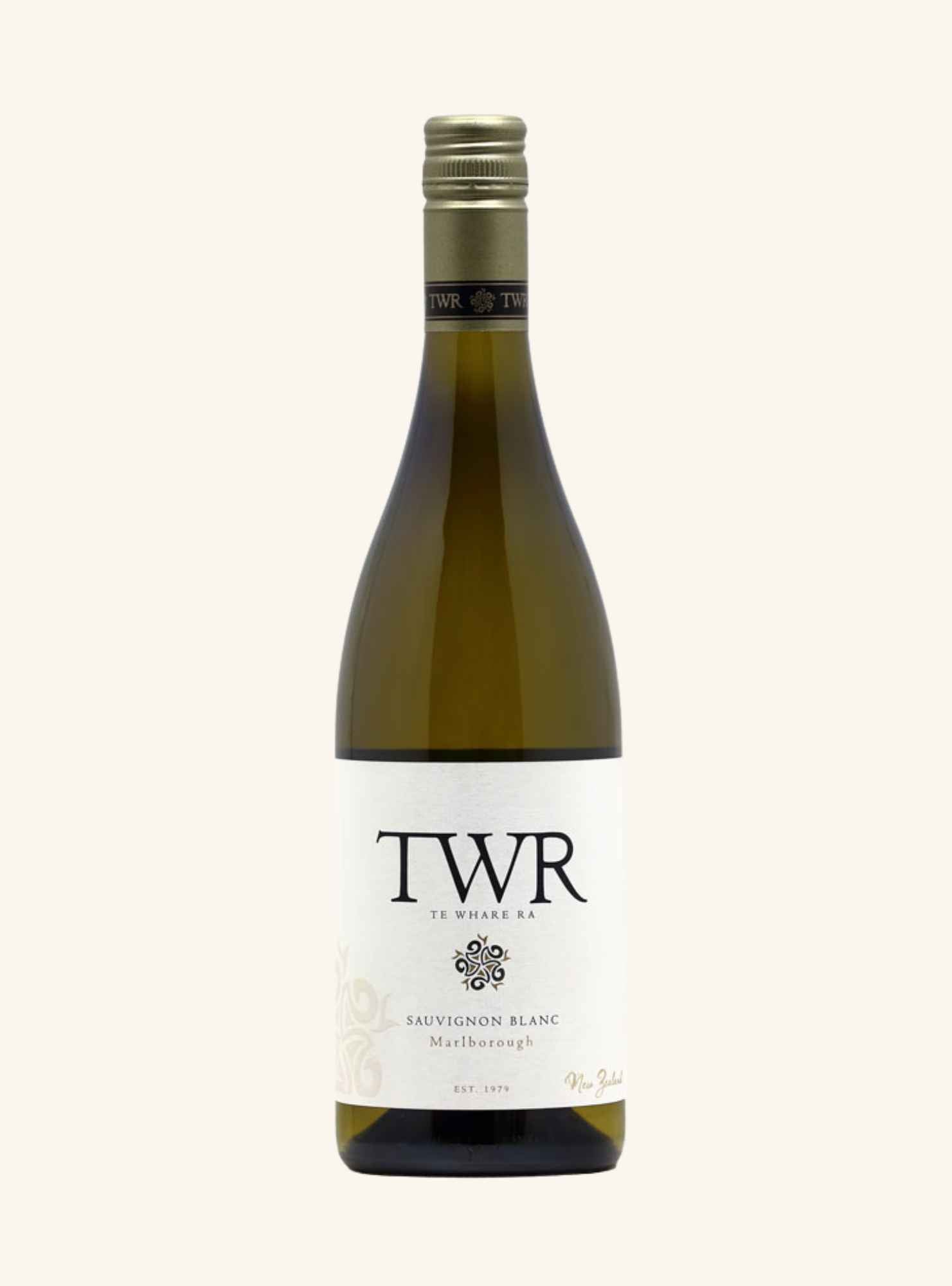 A bottle of TWR Te Whare Ra Sauvignon Blanc from Marlborough, New Zealand, featuring a white label with black lettering and a gold screw cap, set against a solid off-white background.