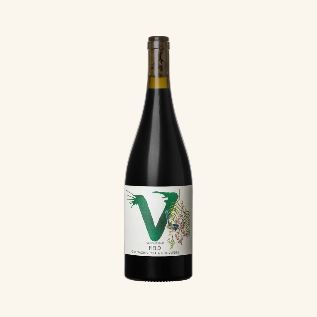 Wine bottle with a label featuring the letter 'V' and vanguardist Field GSM branding  on a white background