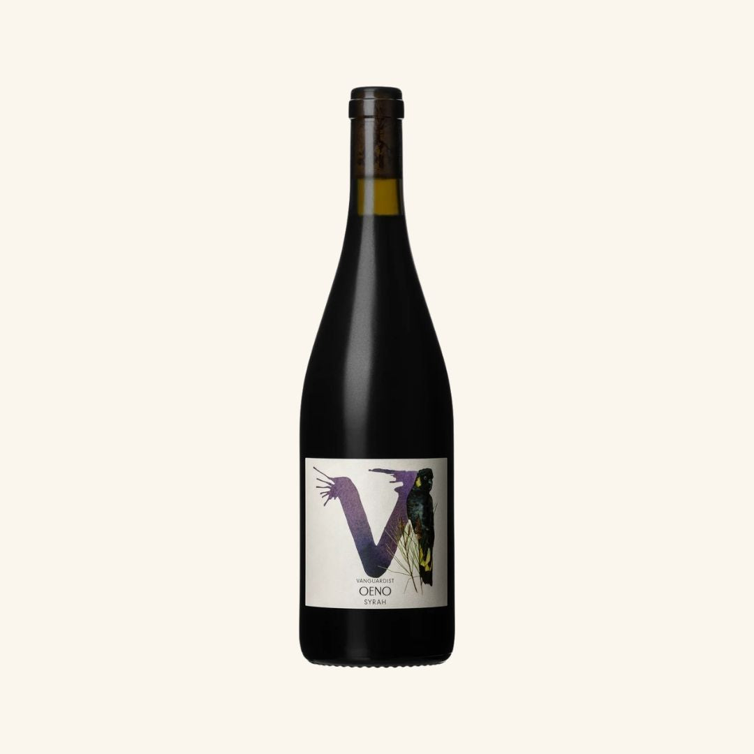 Wine bottle with a label featuring the letter 'V' and vanguardist oeno syrah branding, on a white background