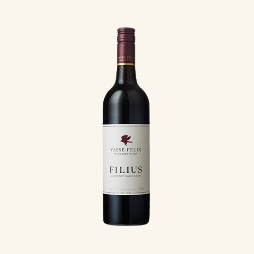 A bottle of Vasse Felix Filius Cabernet Sauvignon with a plain background.