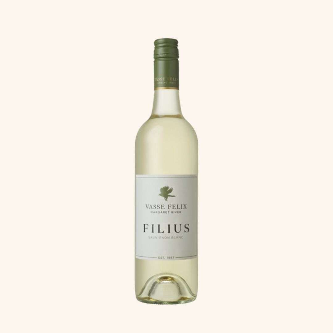 Filius Sauvignon Blanc by Vasse Felix wine bottle on a white background