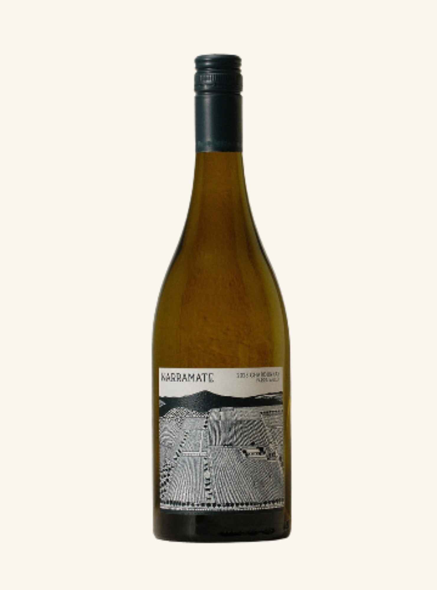 A bottle of warramate chardonnay wine, featuring a dark green glass bottle with a black screw cap and a white label with a black line-art illustration of vineyard rows, set against a solid off-white background.