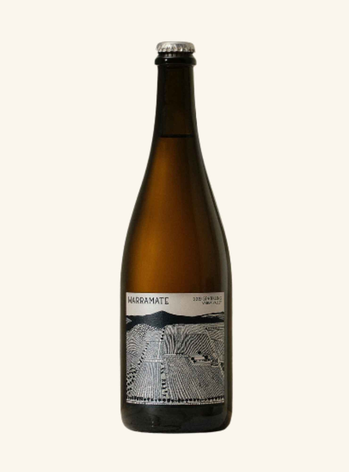 A dark brown glass bottle of warramate sparkling wine with a minimalist black and white label depicting a vineyard, set against a solid off-white background.