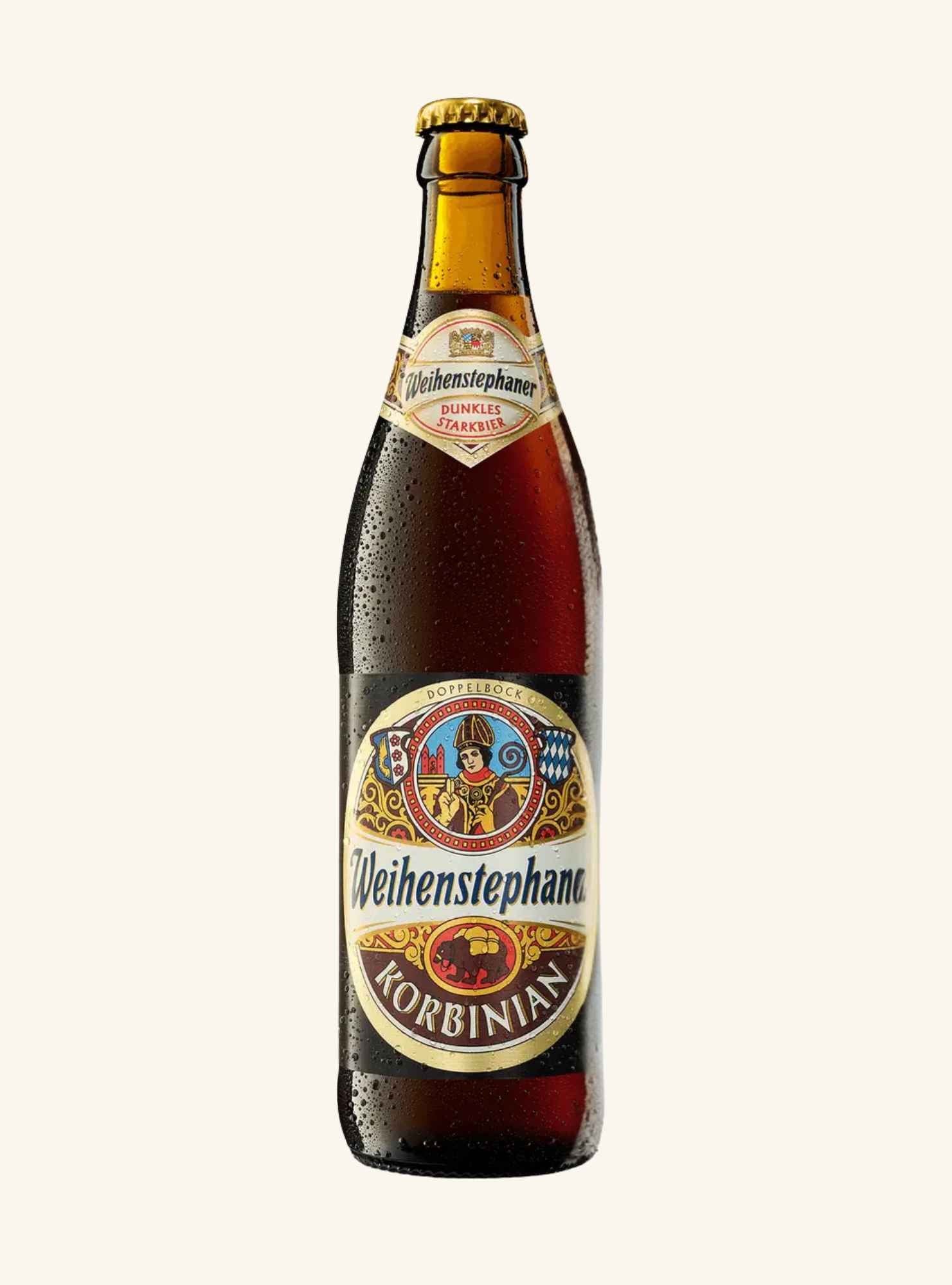 A single bottle of Weihenstephaner Korbinian beer, featuring a dark brown glass bottle with condensation droplets, a gold crown cap, and a detailed circular label, set against a solid off-white background.