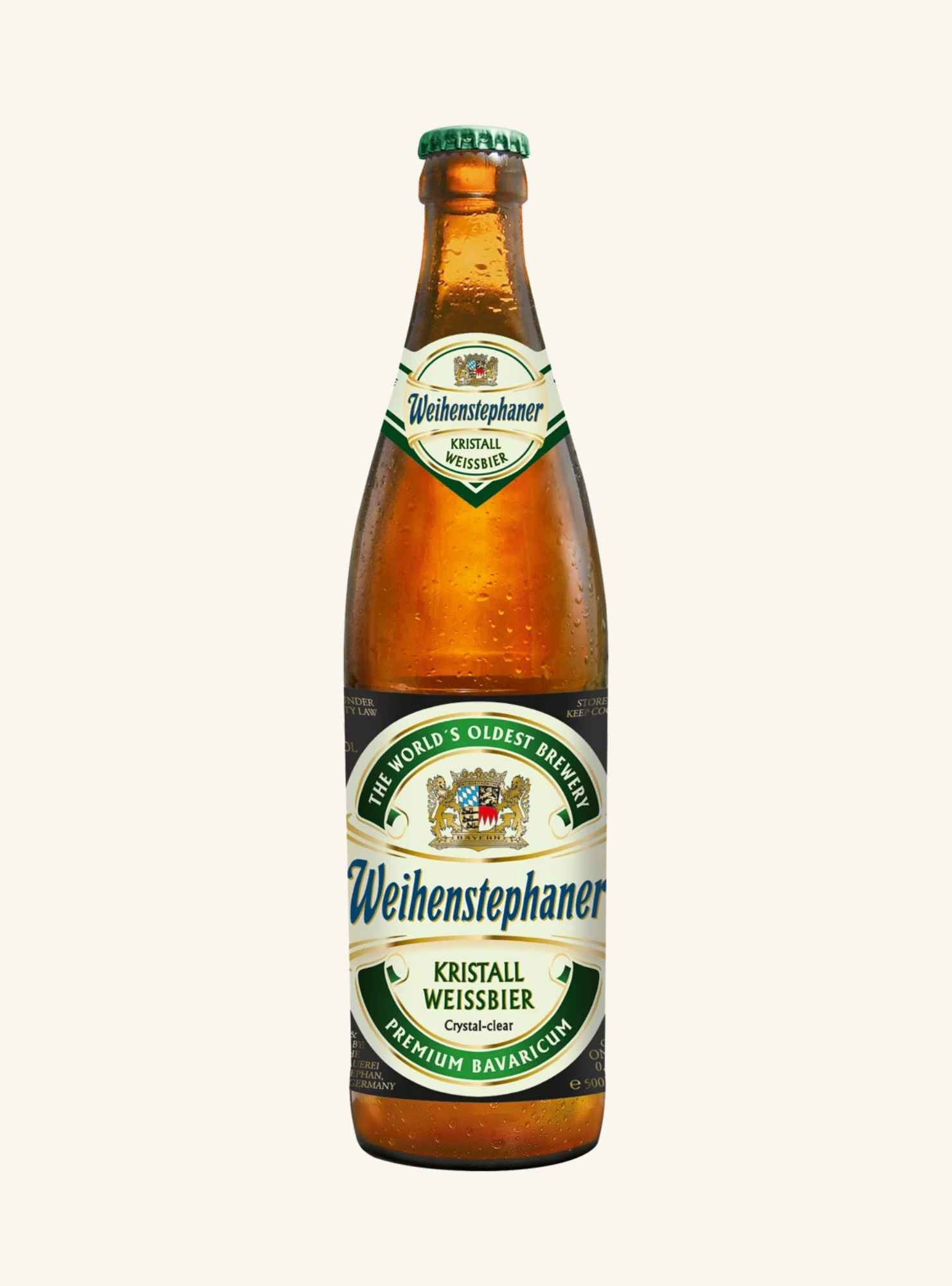 A single bottle of Weihenstephaner Kristall Weissbeer (crystal white beer) on a solid off-white background. The amber glass bottle features a green cap and a detailed green, white, and black label with the brand name 'Weihenstephaner' in blue script.
