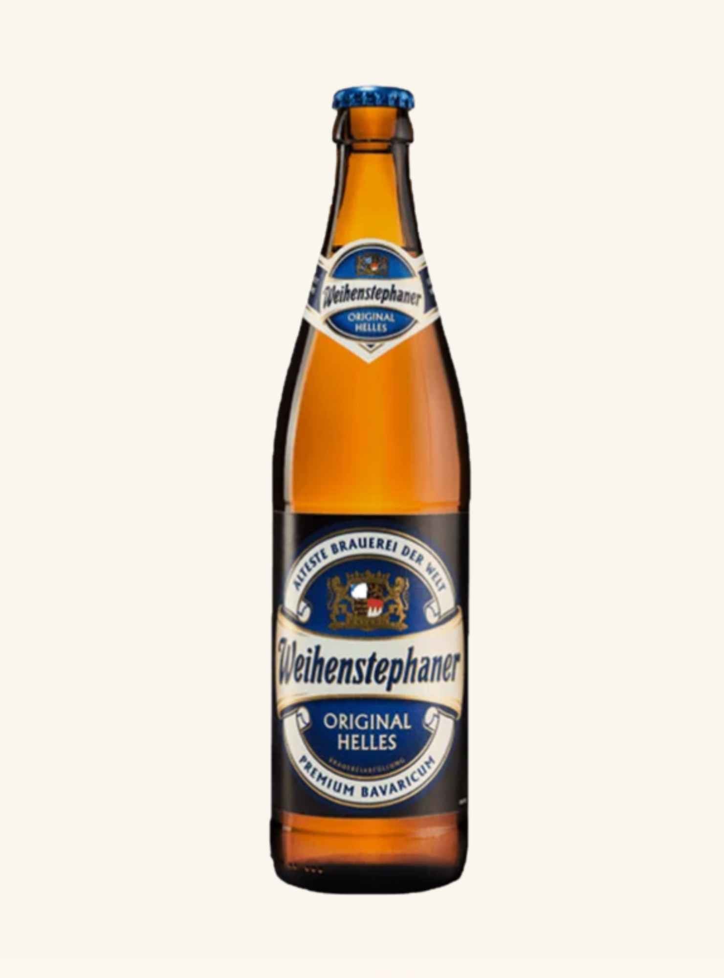 bottle of weihenstephaner original helles on a white background.