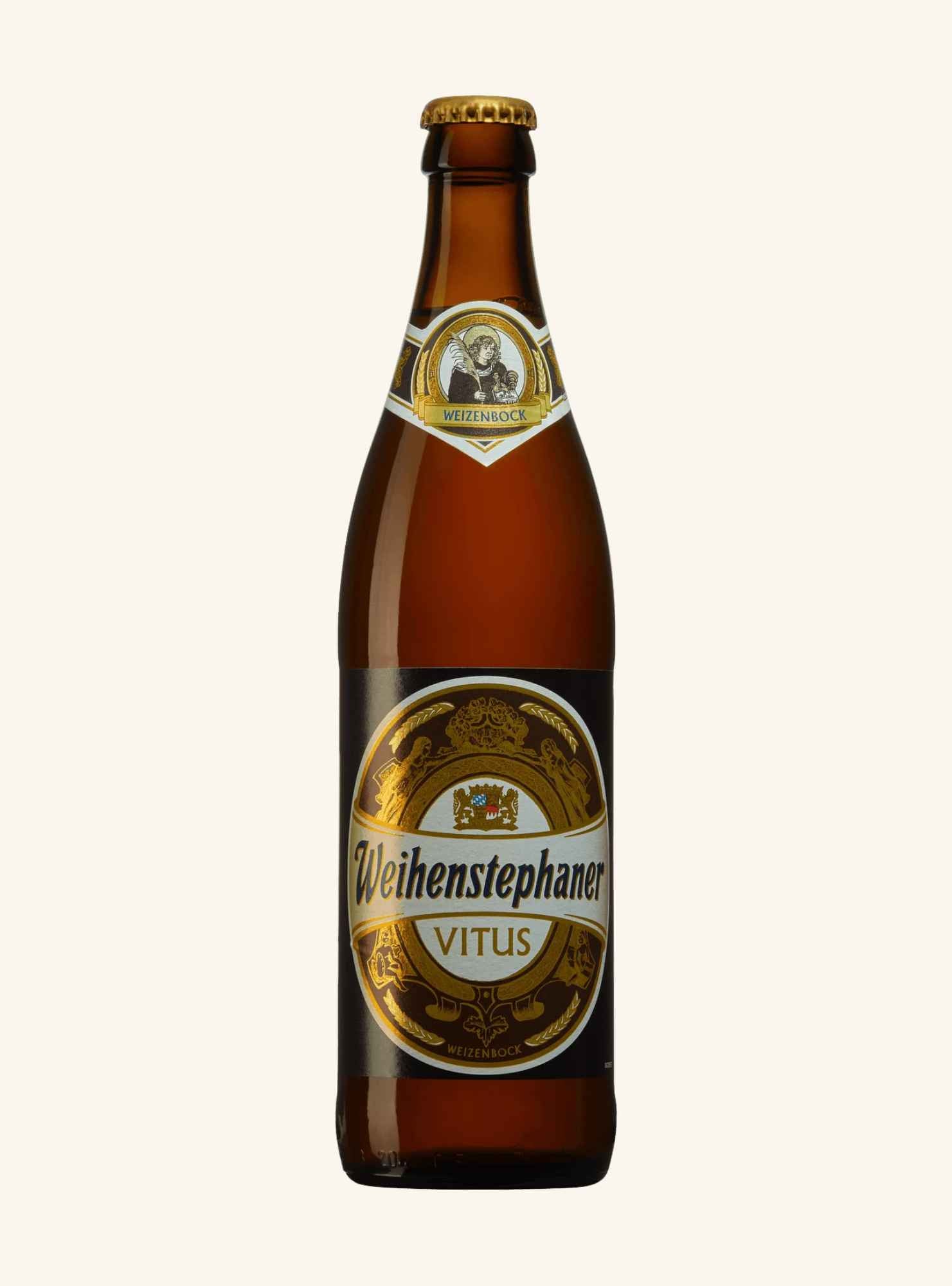 A single bottle of Weihenstephaner Vitus  beer in a brown glass bottle with a gold and white label, set against a solid off-white background.