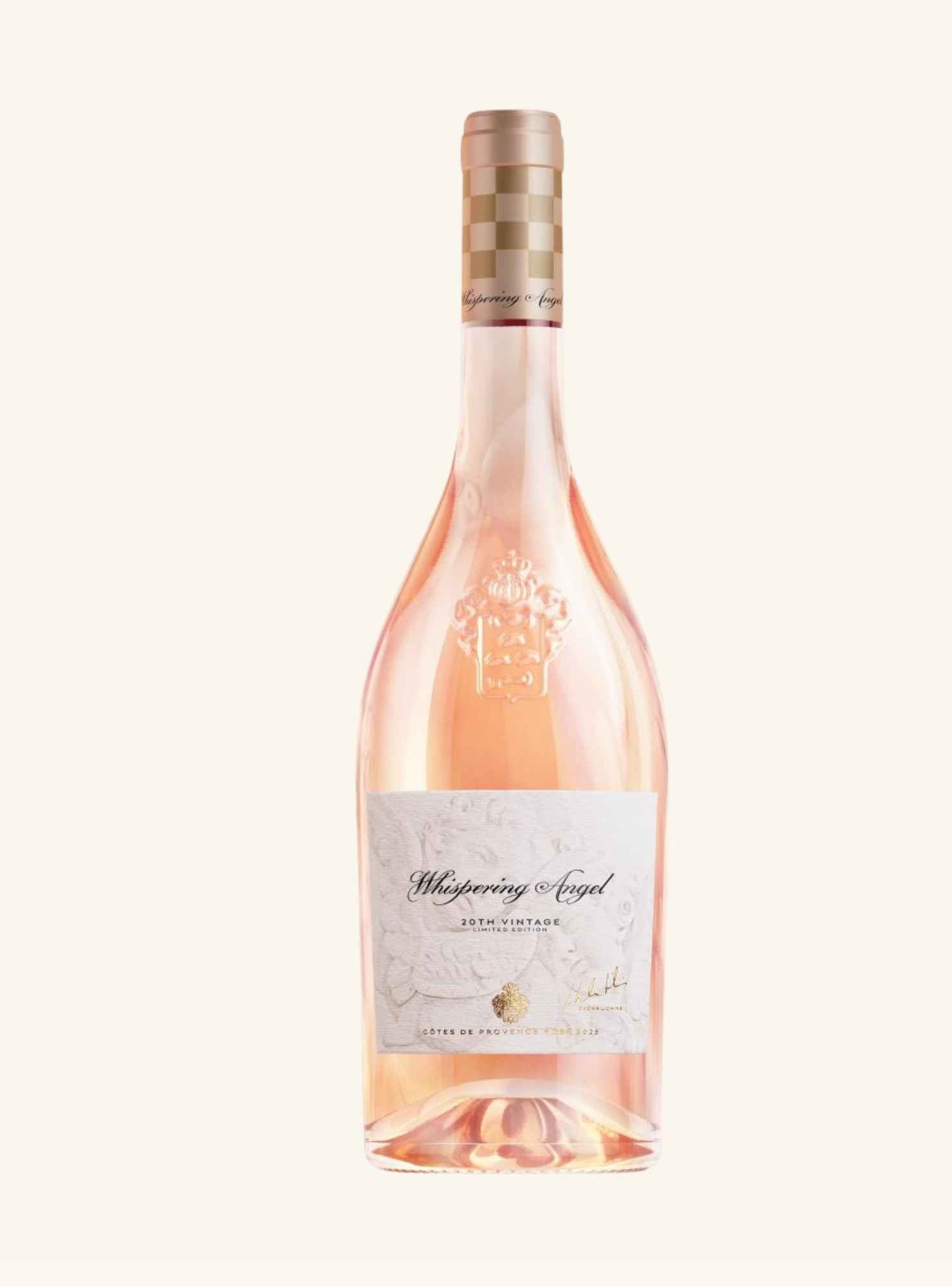 Image of Whispering Angel rose wine bottle on an off white background with a white label