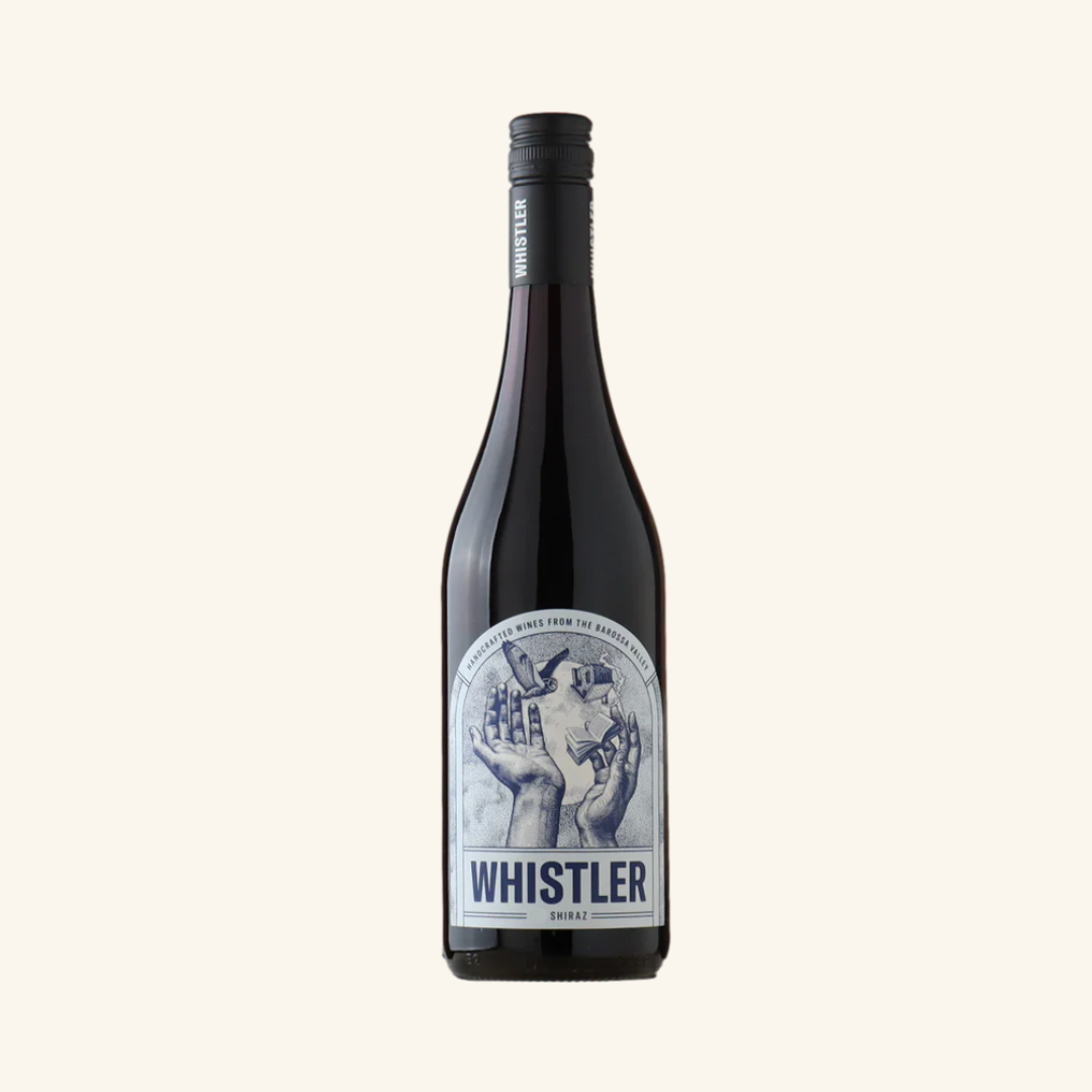 A bottle of Whistler Atypical Shiraz wine with a label that features an illustration of a person's hands and the text 'Whistler Wine Company'.