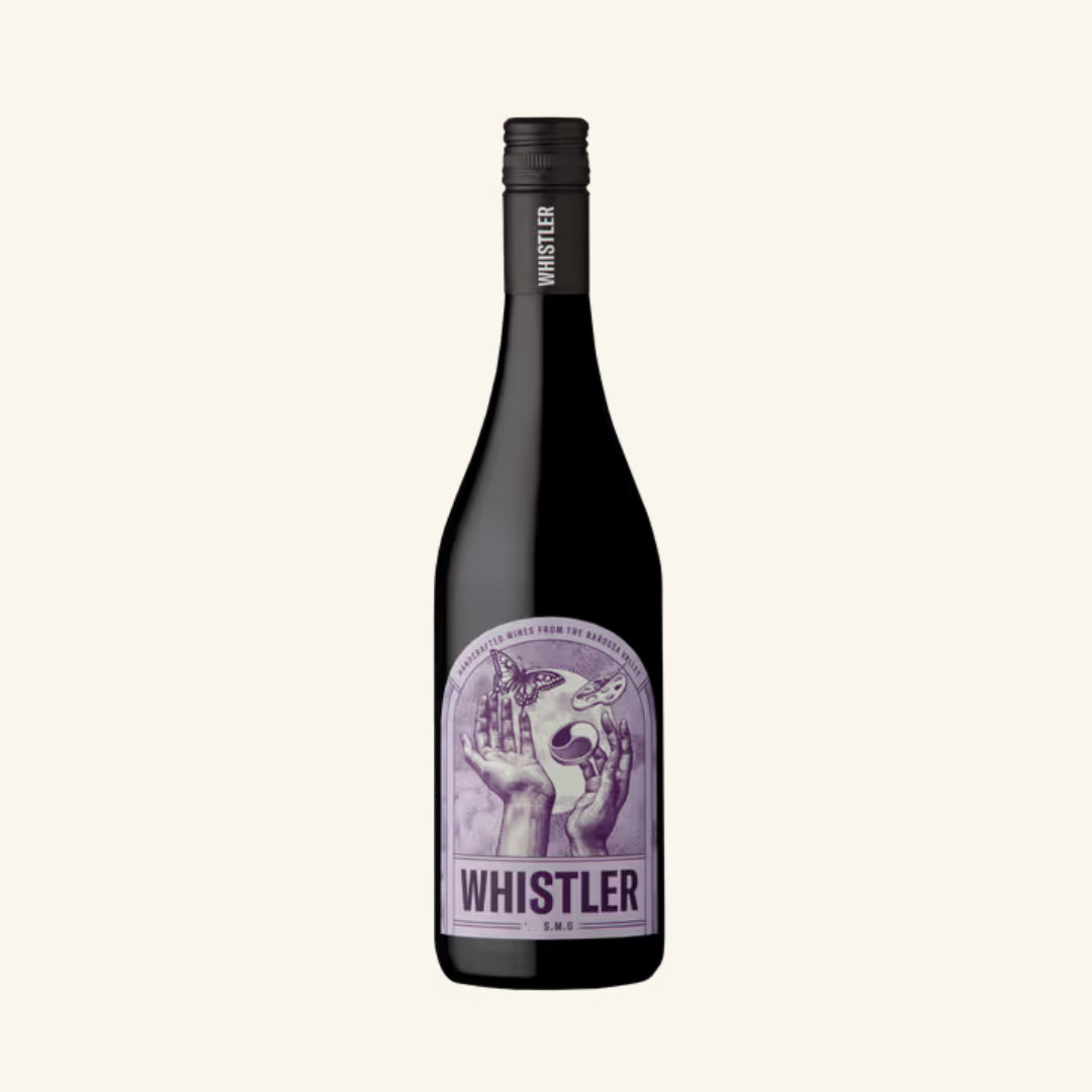 A bottle of Whistler Divergent SMG wine with a label featuring a purple butterfly and the Whistler brand logo.