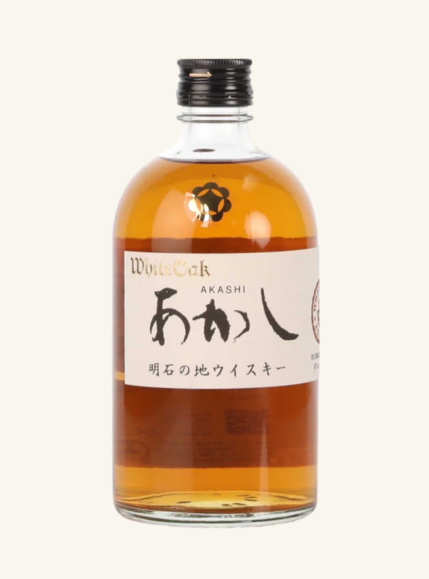 Bottle of White Oak Akashi whiskey with a clear label on a white background