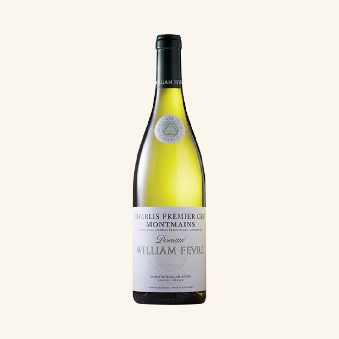 Wine bottle labeled william fevre chablis premier cru montmains on a white background