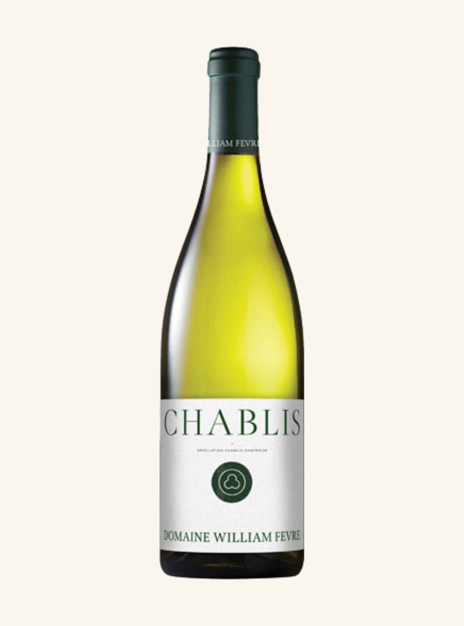 A bottle of Chablis white wine by Domaine William Fevre, featuring a pale yellow-green glass bottle, a dark green capsule, and a white label with green text, set against a solid off-white background.