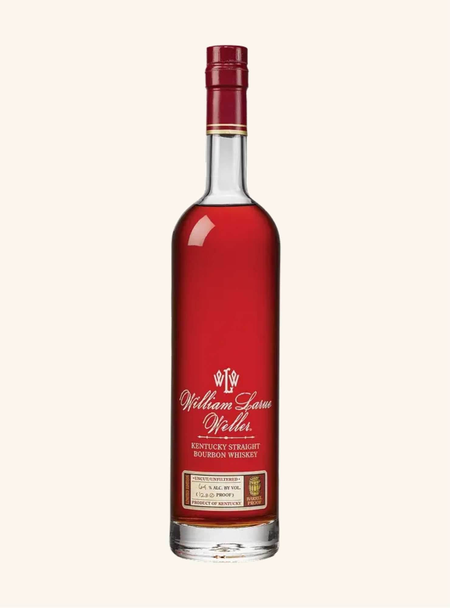 clear bottle of william larue weller 2 year old bourbon on a white background.