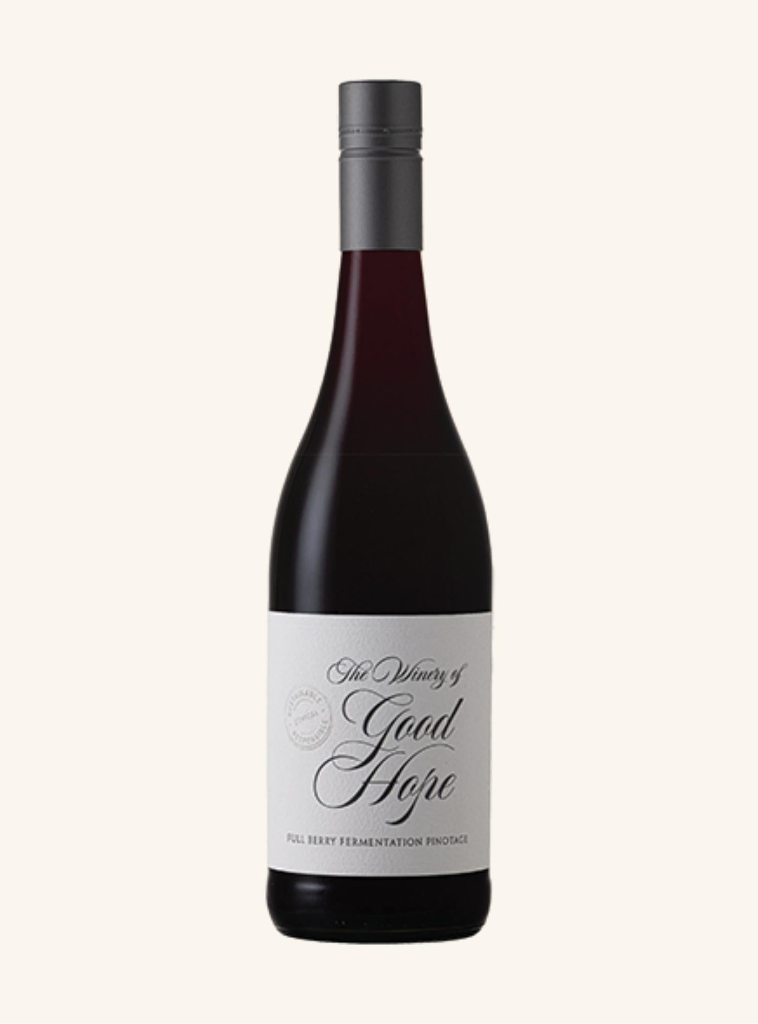 Wine bottle with a label branded winery of good hope pinotage on a white background