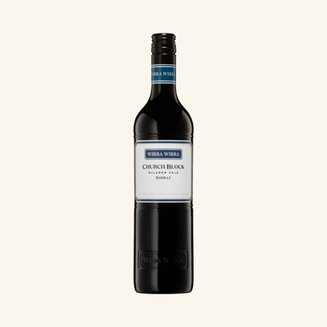 Wine bottle with a white label branded wirra wirra church block shiraz on a light gray background