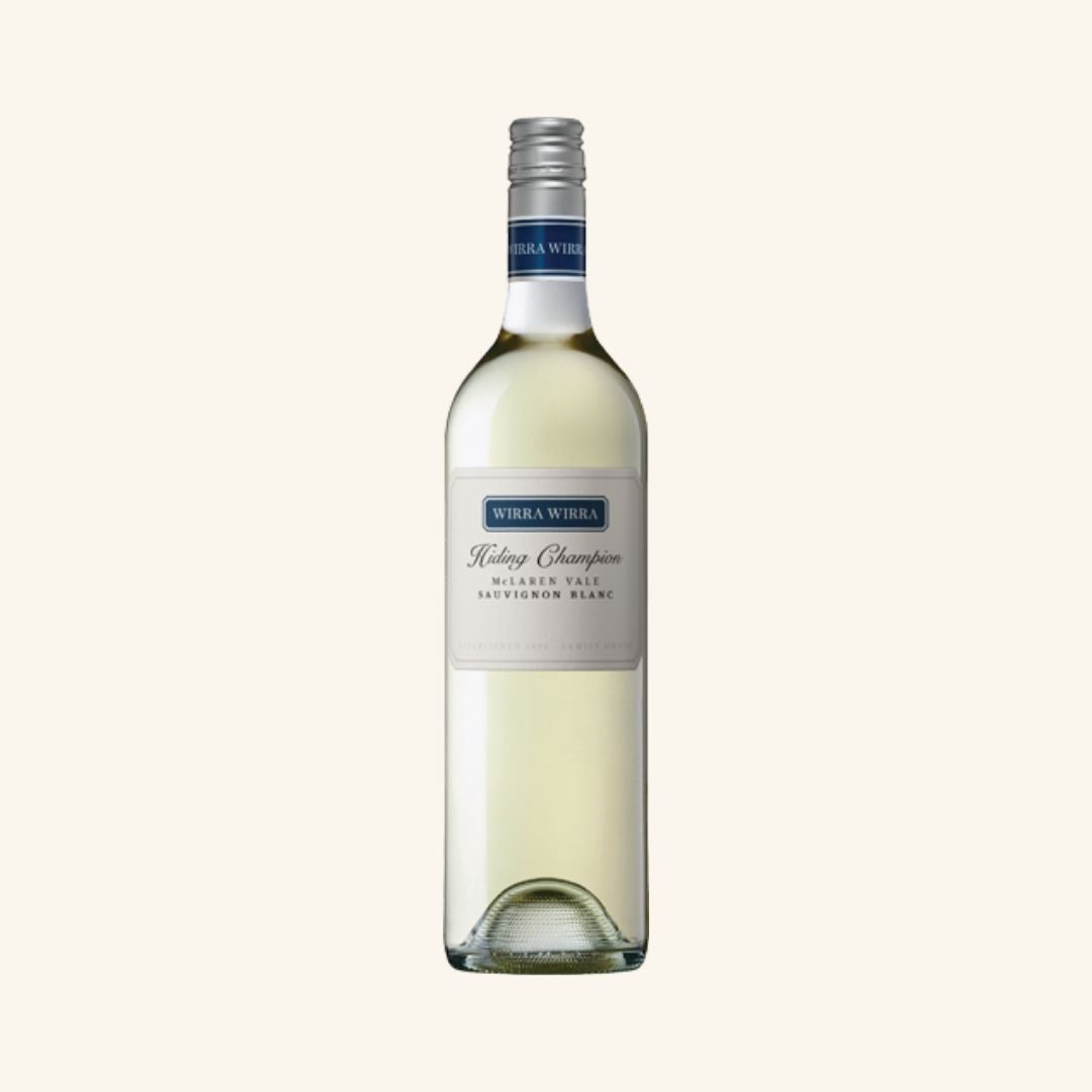 Wine bottle with a white label branding wirra wirra hiding champion sauvignon blanc on a light gray background