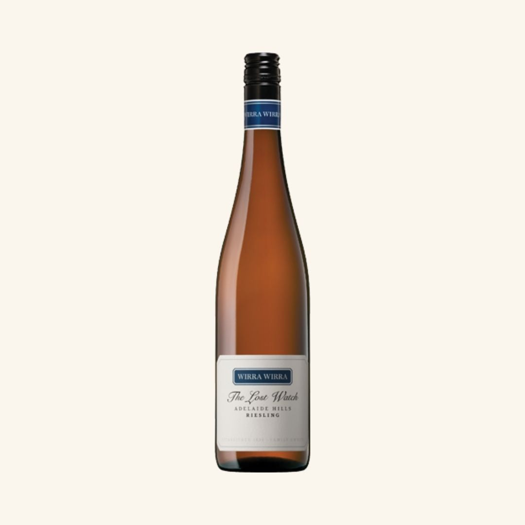 Wine bottle with a blue label with wirra wirra the lost watch Riesling branding, on a white background