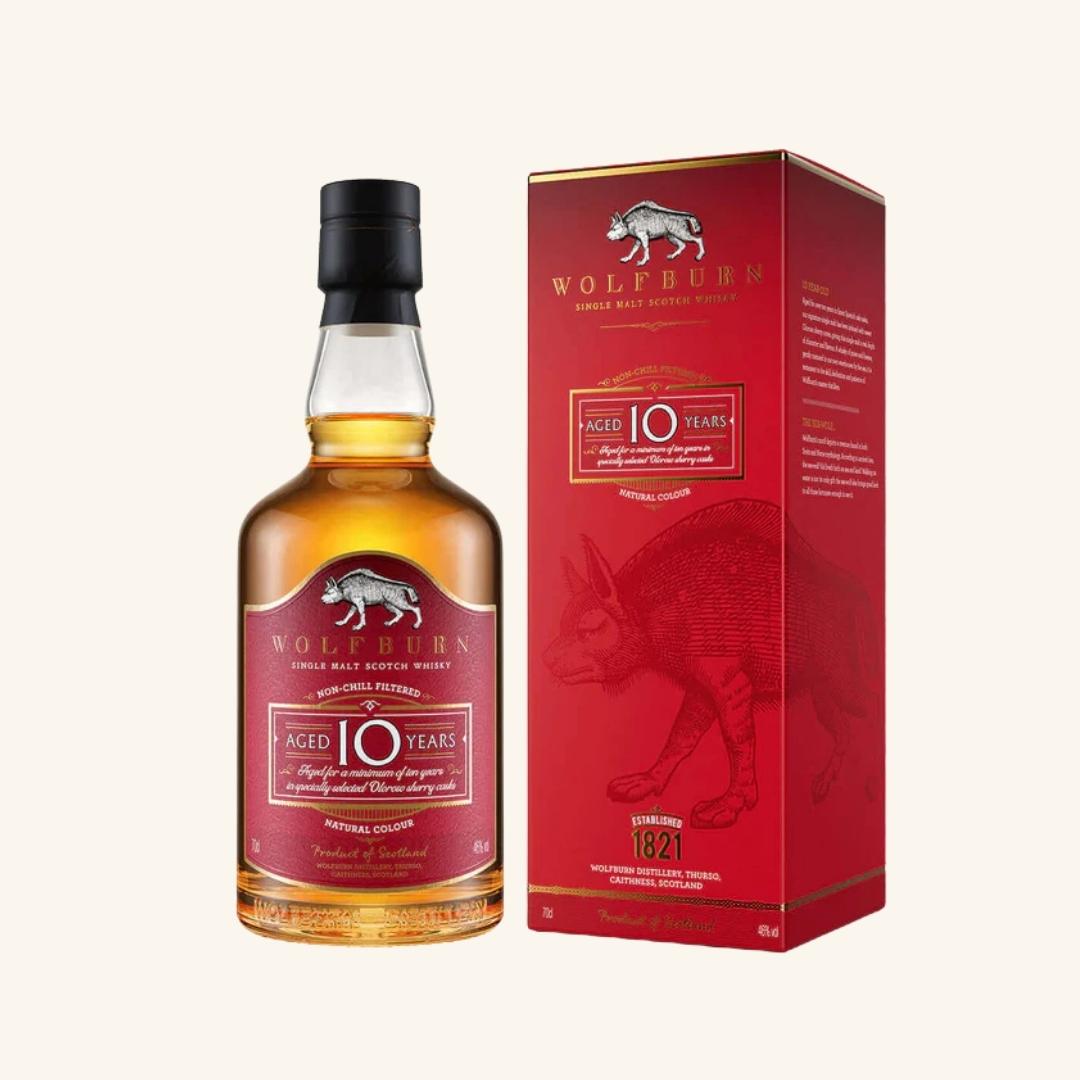 Wolfburn 10-year-old whisky bottle and packaging on a white background