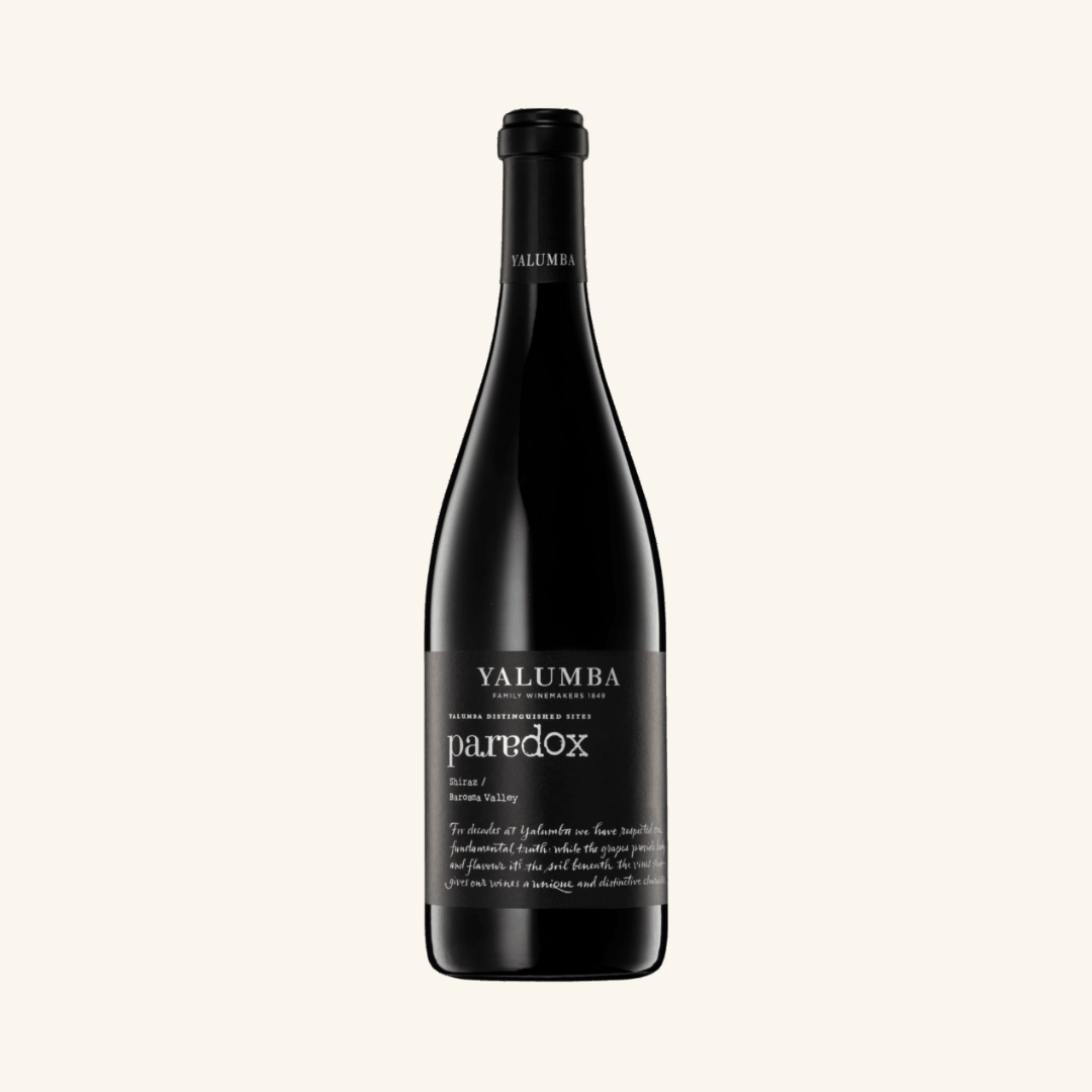 Bottle of Yalumba Paradox Shiraz wine with a plain background.