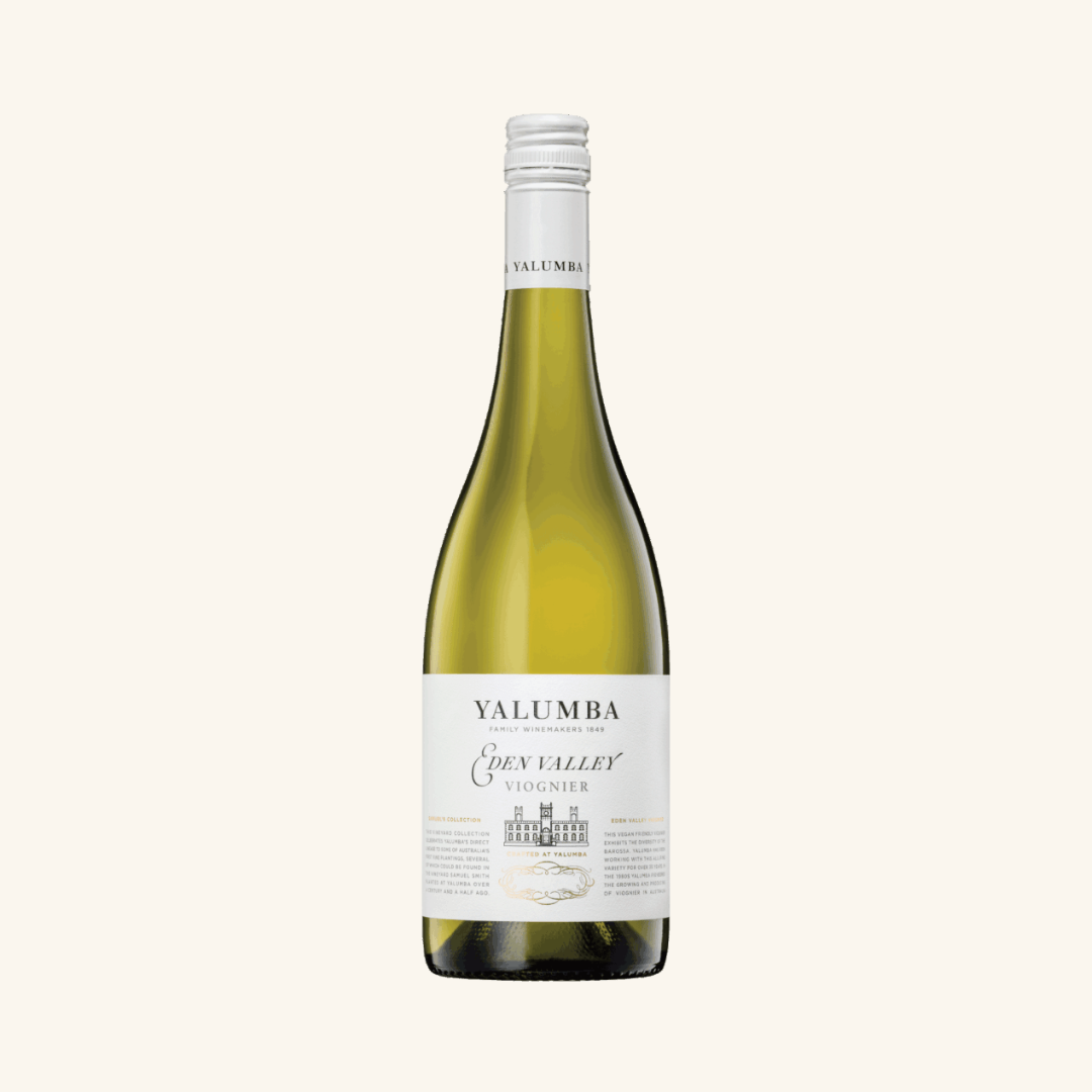 Bottle of Yalumba Eden Valley Viognier wine with a white label, displaying the product name and brand, against a plain background.