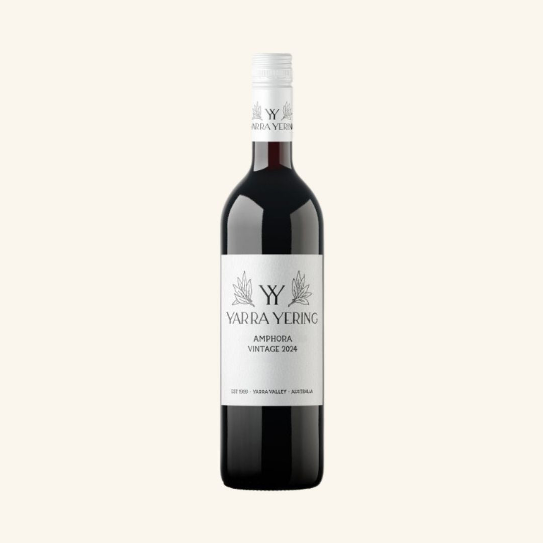 Wine bottle with Yarra Yering amphora label on a white background
