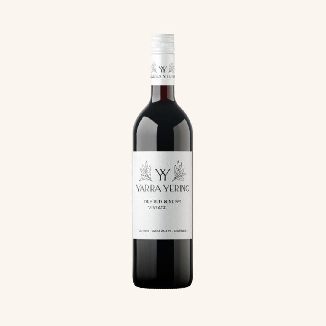Red wine bottle with a white label branded yarra yering dry red no1 on a white background