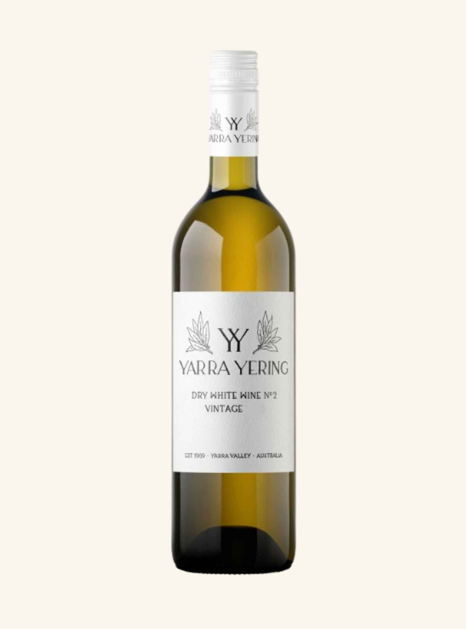 A bottle of Yarra Yering Dry White Wine No. 2, displayed against a solid, warm off-white background.