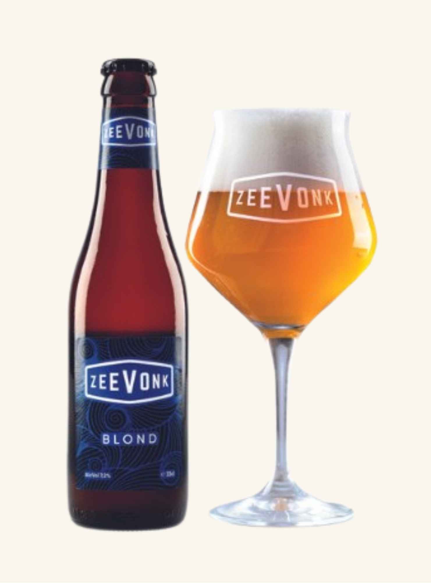 ZeeVonk beer bottle and glass on a white background