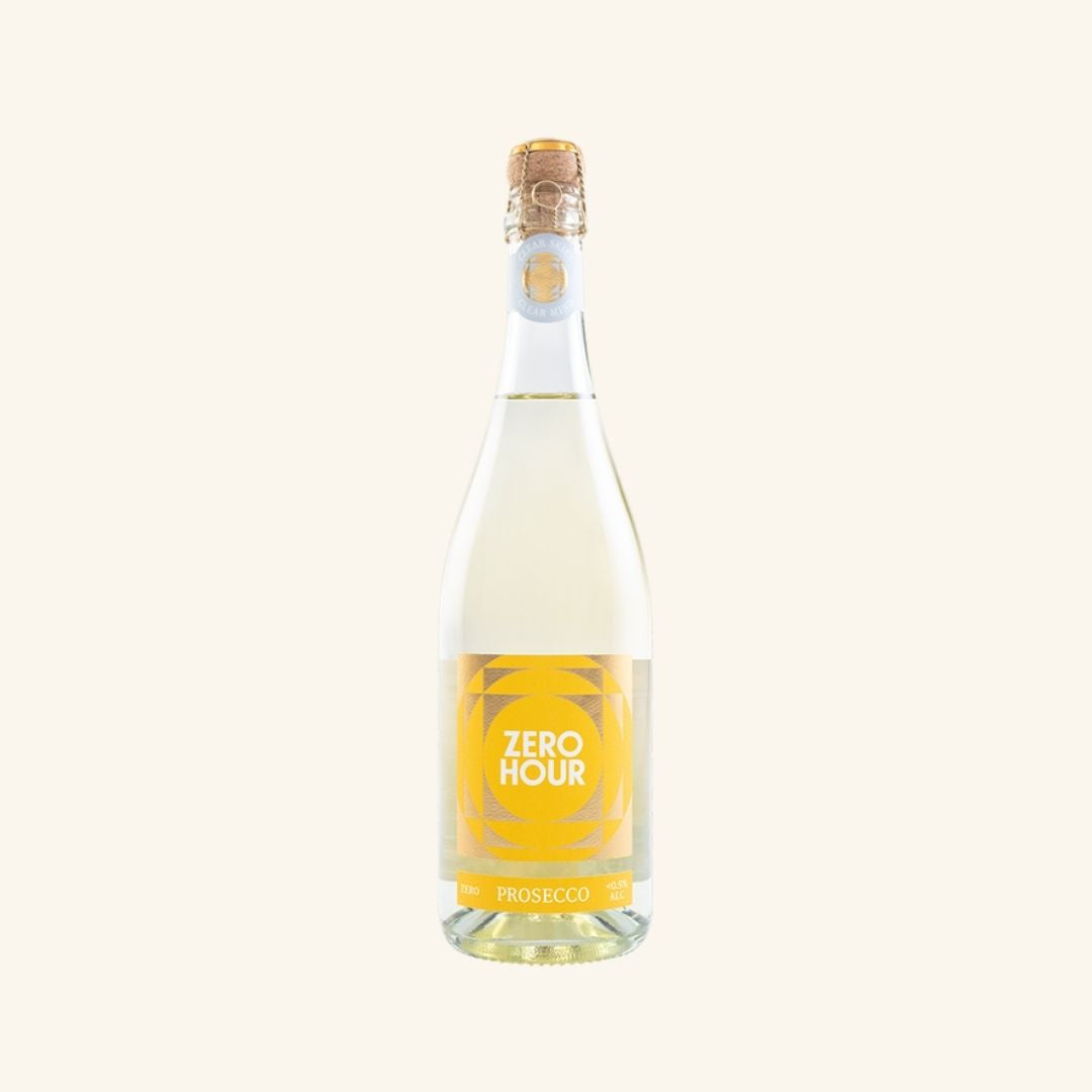 Bottle of Zero Hour Prosecco on a white background