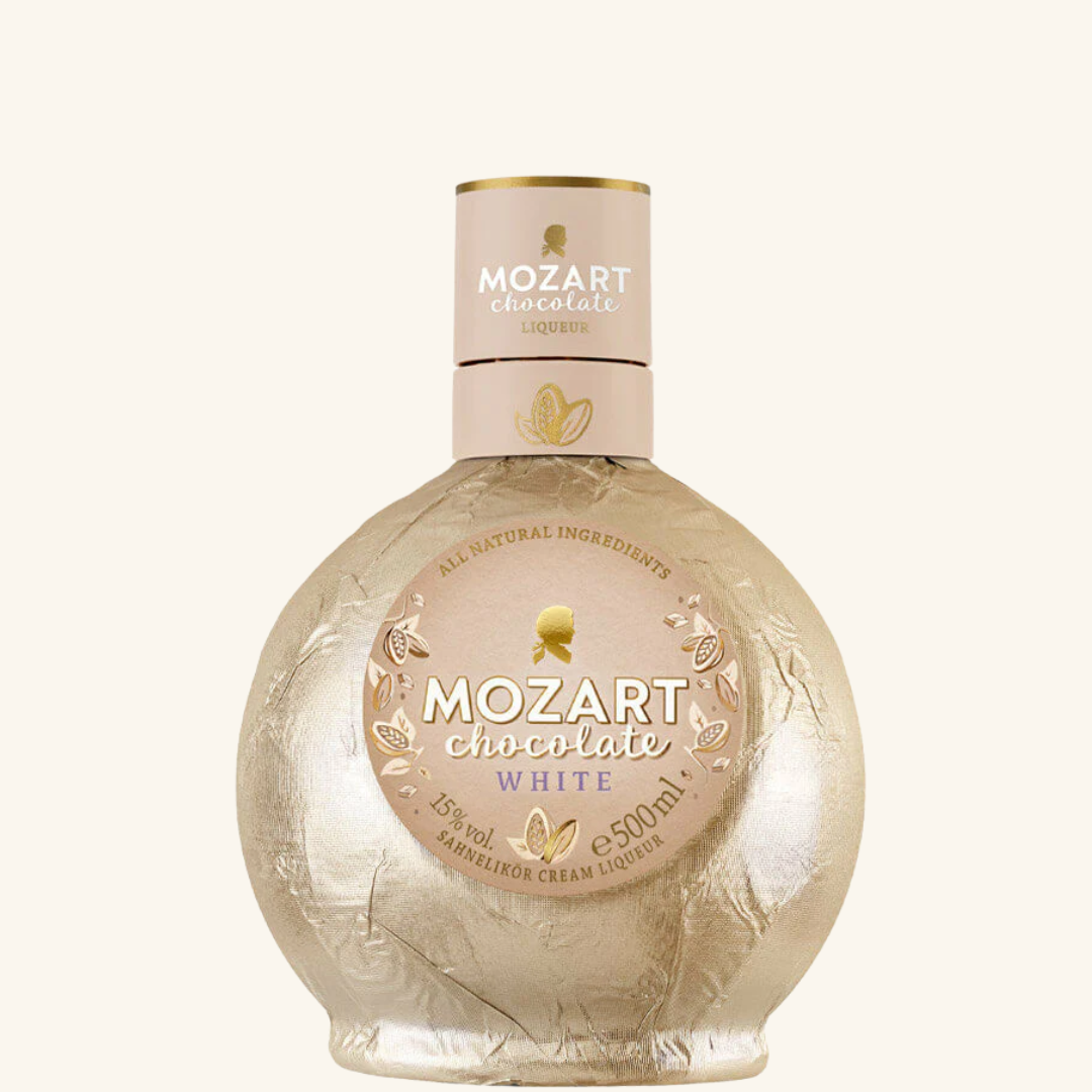 A bottle of Mozart White Chocolate Liqueur with a label that features the brand name, product title, and a decorative element.