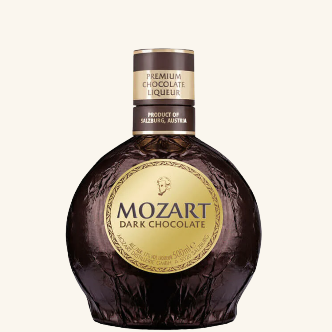 A bottle of Mozart Dark Chocolate Liqueur with a label that reads 'Premium Chocolate Liquor, product of salzburg, Austria.